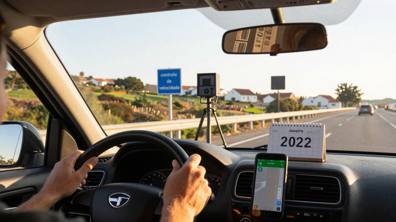 Interior de carro em movimento, com motorista, radar de controlo de velocidade e calendário de janeiro 2022.