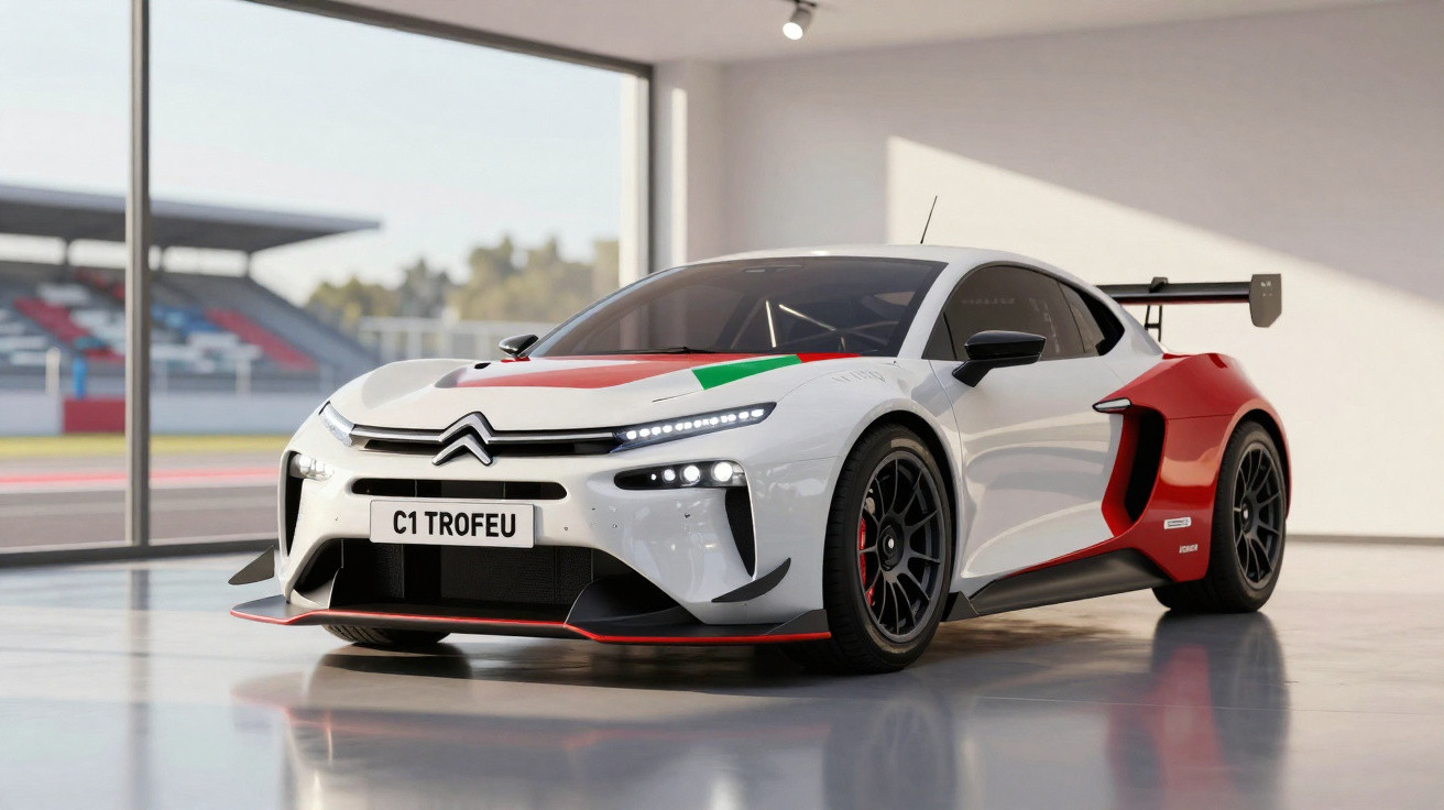 Carro de corrida Citroën C1 Trofeu branco e vermelho numa garagem com vista para circuito.