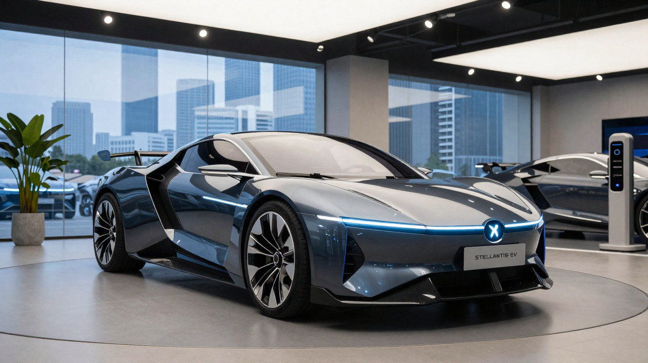 Carro desportivo elétrico cinza com luz LED azul em exposição num showroom moderno com janelas grandes.