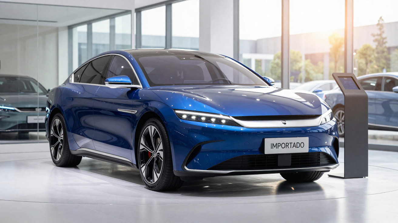 Carro eléctrico azul brilhante exposto numa sala com grande iluminação natural.