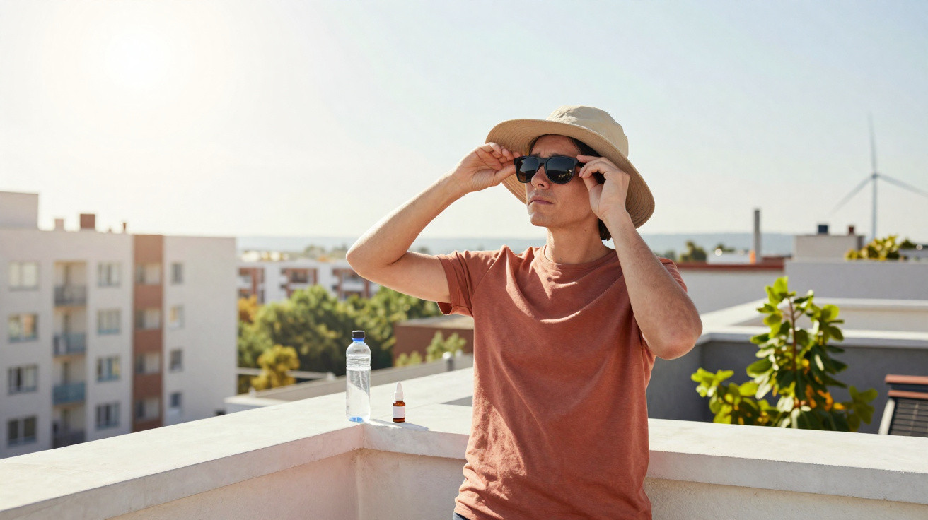 Homem jovem com chapéu e óculos de sol aplica protetor solar no terraço de um edifício num dia de sol.