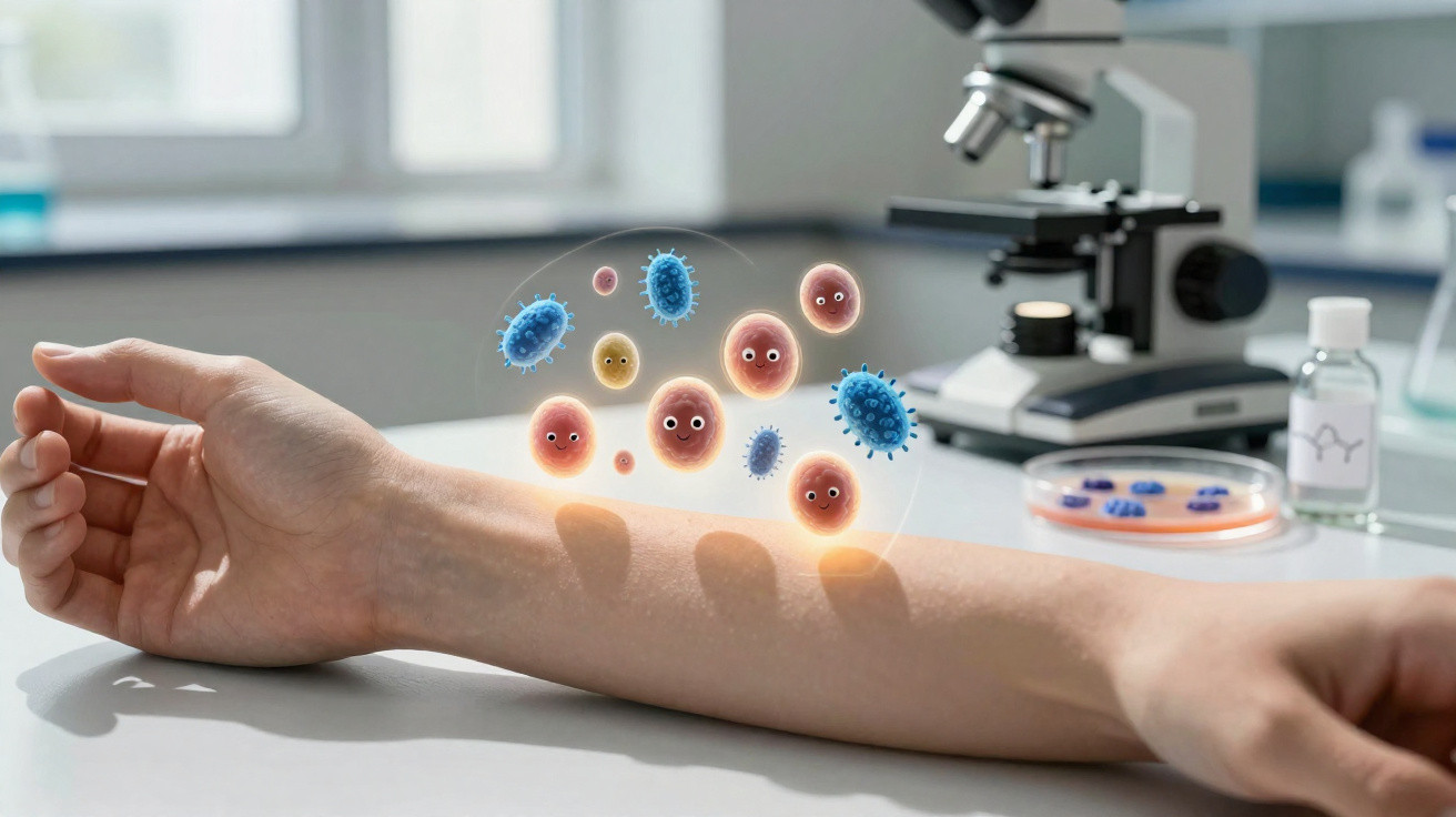 Braço humano com ilustração digital de microrganismos coloridos flutuando, microscópio e laboratório ao fundo.