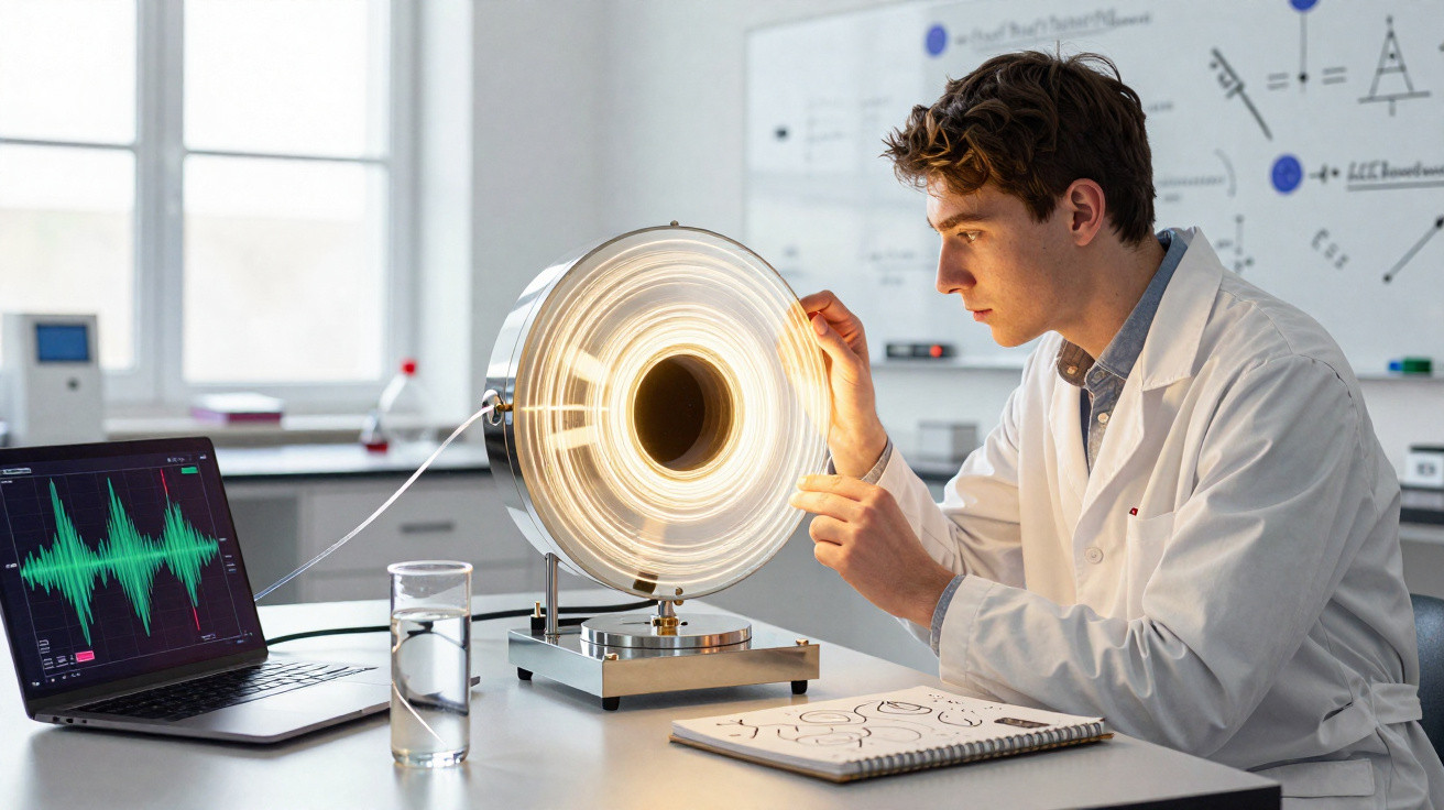Homem com bata branca manipula equipamento científico circular numa banca de laboratório com computador e caderno.
