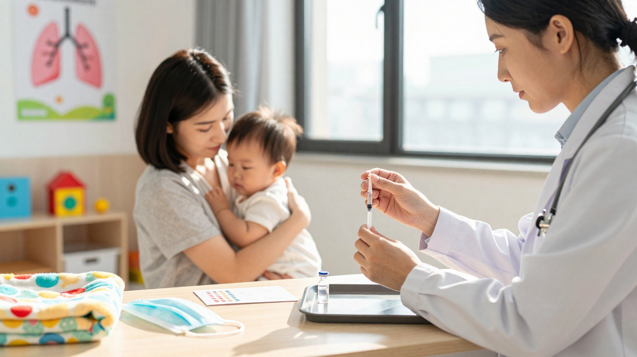 Criança no colo da mãe em consulta médica com profissional a preparar vacina num consultório iluminado.