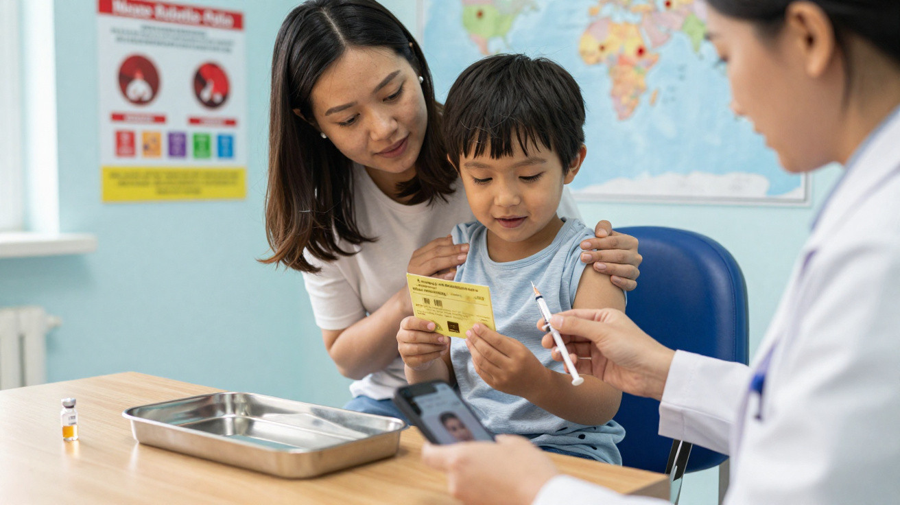 Criança com a mãe recebe vacinação no braço por profissional de saúde num consultório médico.