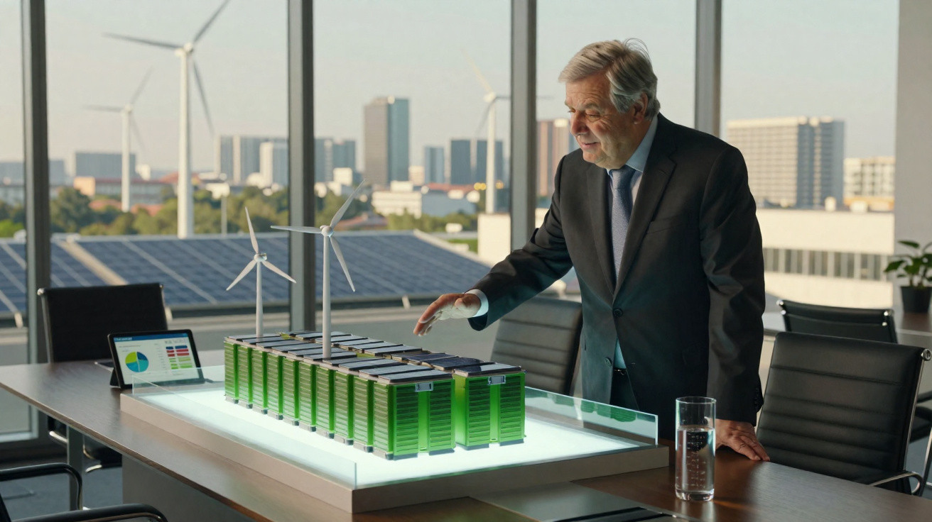 Homem de fato observa maquete de baterias verdes e mini turbinas eólicas numa sala de reuniões moderna.