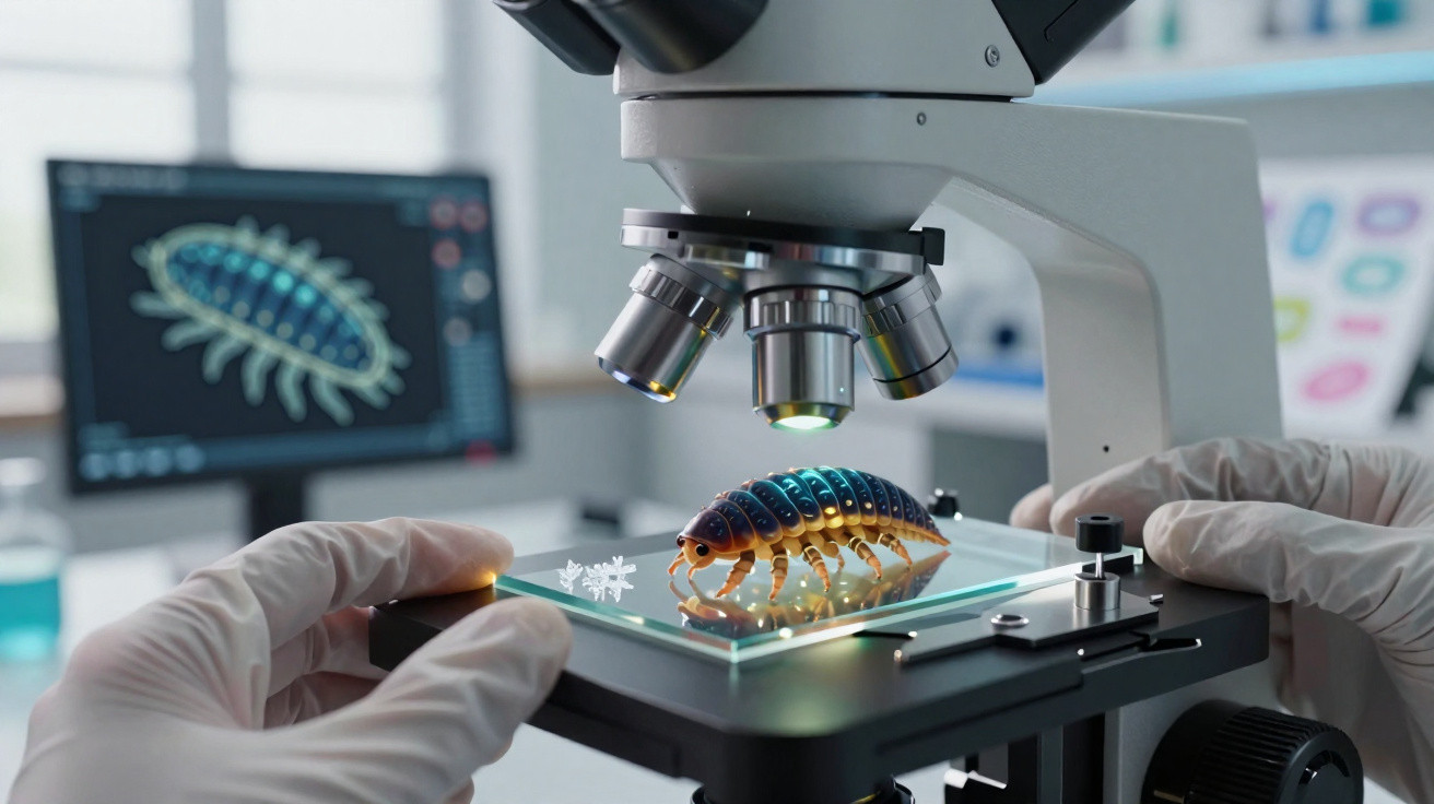 Microscópio com modelo 3D de um inseto colorido sendo analisado em laboratório com monitor ao fundo.