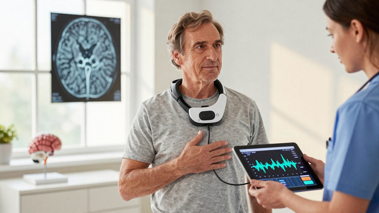 Homem sénior realiza exame cardíaco com dispositivo portátil enquanto profissional de saúde analisa resultados num tablet.