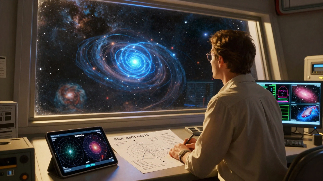 Pessoa a observar e a estudar galáxias e estrelas numa sala com equipamentos tecnológicos avançados.