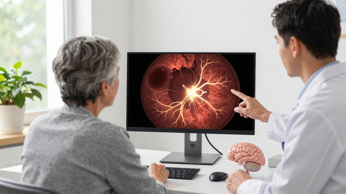 Médico explica imagem digital detalhada do fundo ocular a paciente idosa durante consulta.