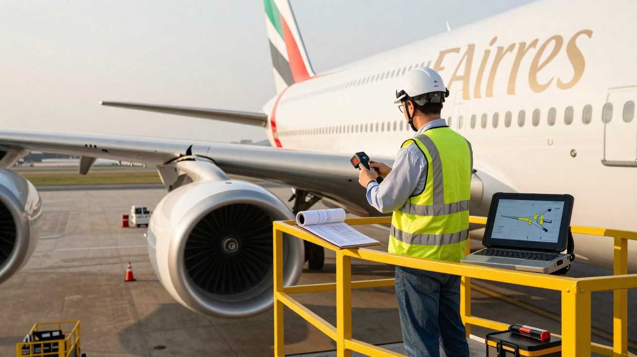 Técnico em colete refletor e capacete a operar scanner junto a avião da Emirates no aeroporto.
