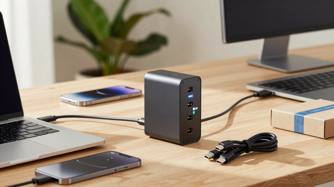 Carregador portátil com vários cabos USB e dispositivos eletrónicos numa secretária de madeira clara.