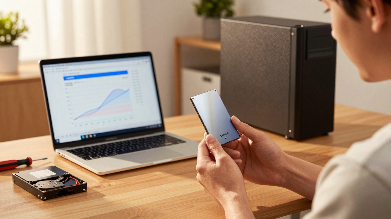 Pessoa segura disco SSD ao lado de computador portátil e disco rígido antigo numa mesa de trabalho.