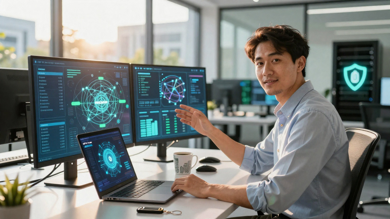 Homem a trabalhar em computador com gráficos digitais em múltiplos ecrãs numa sala de escritório moderna.