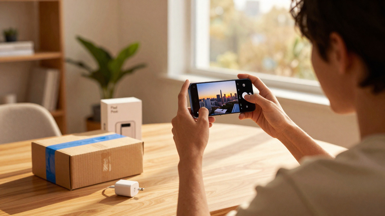 Pessoa a tirar foto de uma cidade com smartphone, sentado à mesa com caixa e carregador.