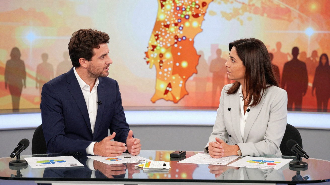 Dois apresentadores em estúdio de televisão discutem com mapas e gráficos sobre mesa.