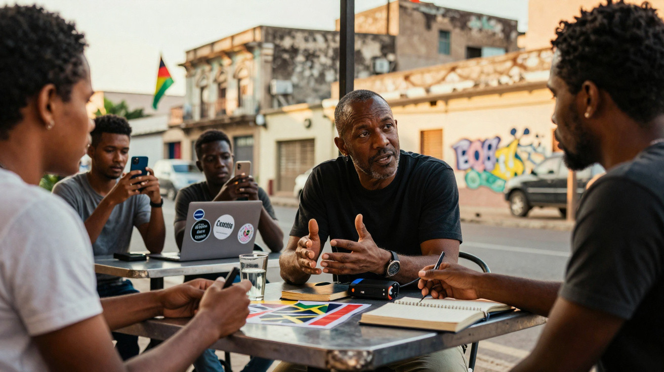 Grupo de homens numa reunião ao ar livre com documentos e computador num ambiente urbano.