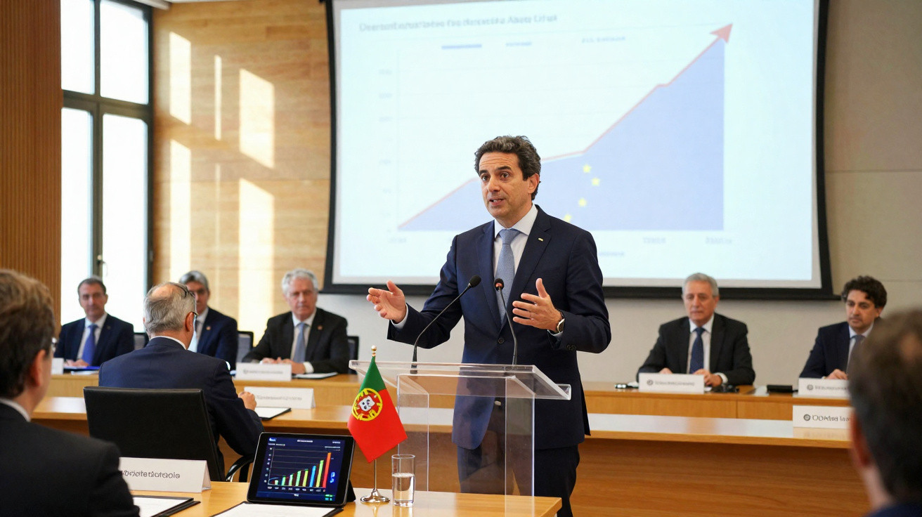 Homem de fato a discursar em conferência com gráfico e bandeira de Portugal no centro da sala.