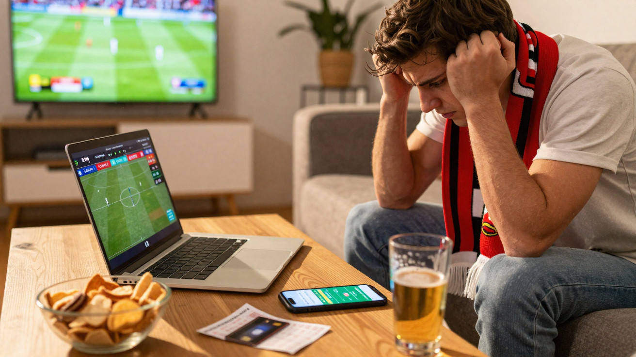 Homem com cachecol de futebol sentado preocupado a ver jogo na TV e laptop, com telemóvel e bebida à frente.