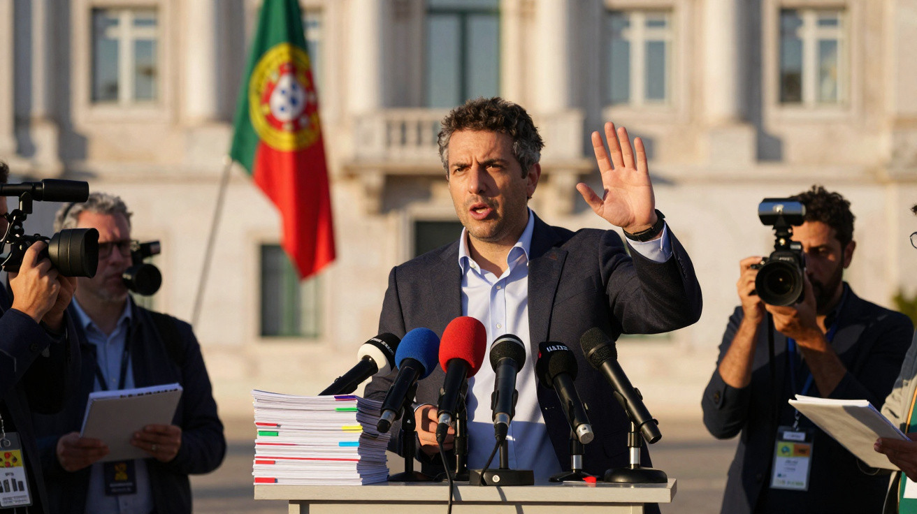 Homem a discursar em conferência de imprensa com bandeira de Portugal ao fundo e jornalistas a filmar.