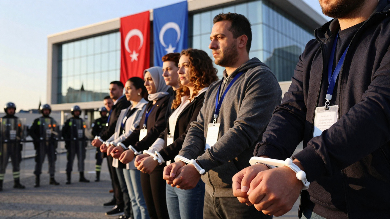 Grupo de pessoas de mãos ligadas com braceletes brancas em protesto, com bandeiras da Turquia e do Curdistão ao fundo.