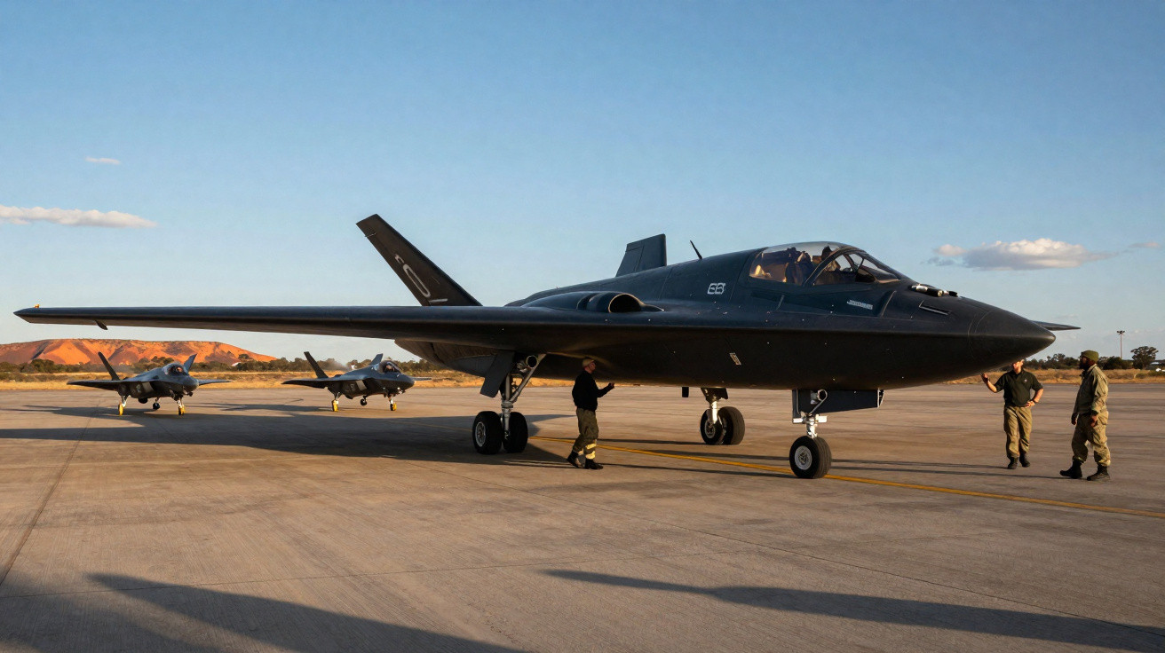 Avião furtivo militar preto no solo com militares ao redor em pista de decolagem ao entardecer.