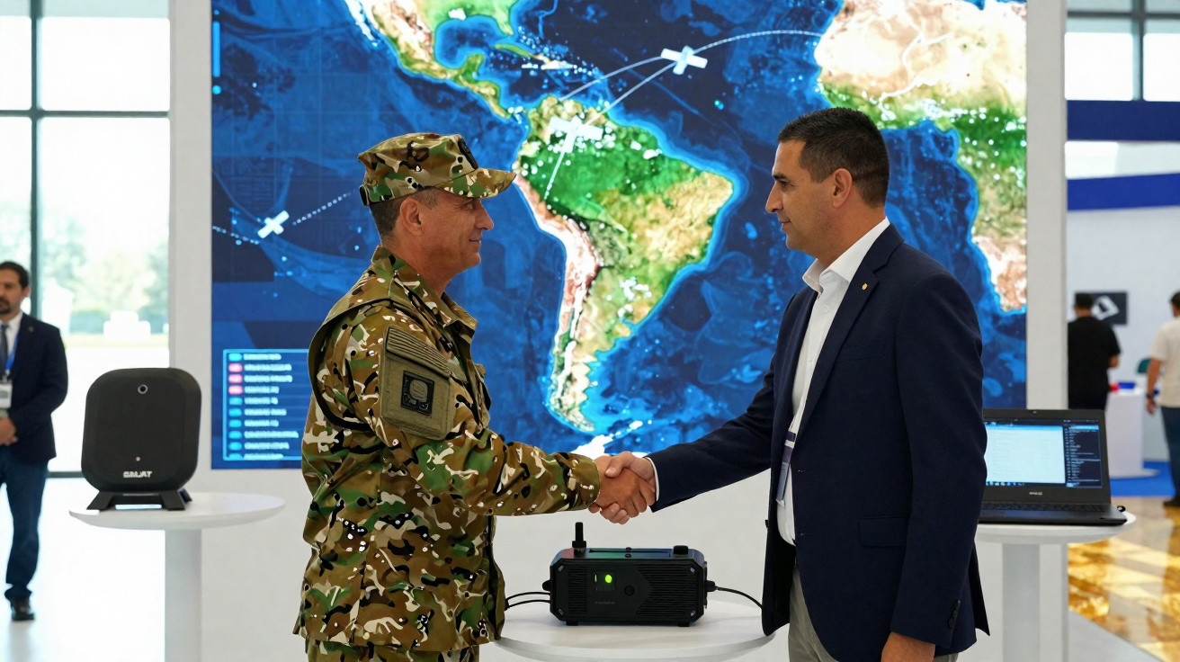Militar e civil apertam as mãos em exibição tecnológica com mapa do continente americano ao fundo.