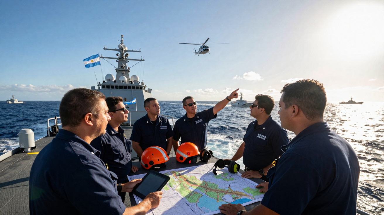 Marinheiros em convés de navio naval analisam mapa enquanto helicóptero voa e outros navios estão ao longe no mar.