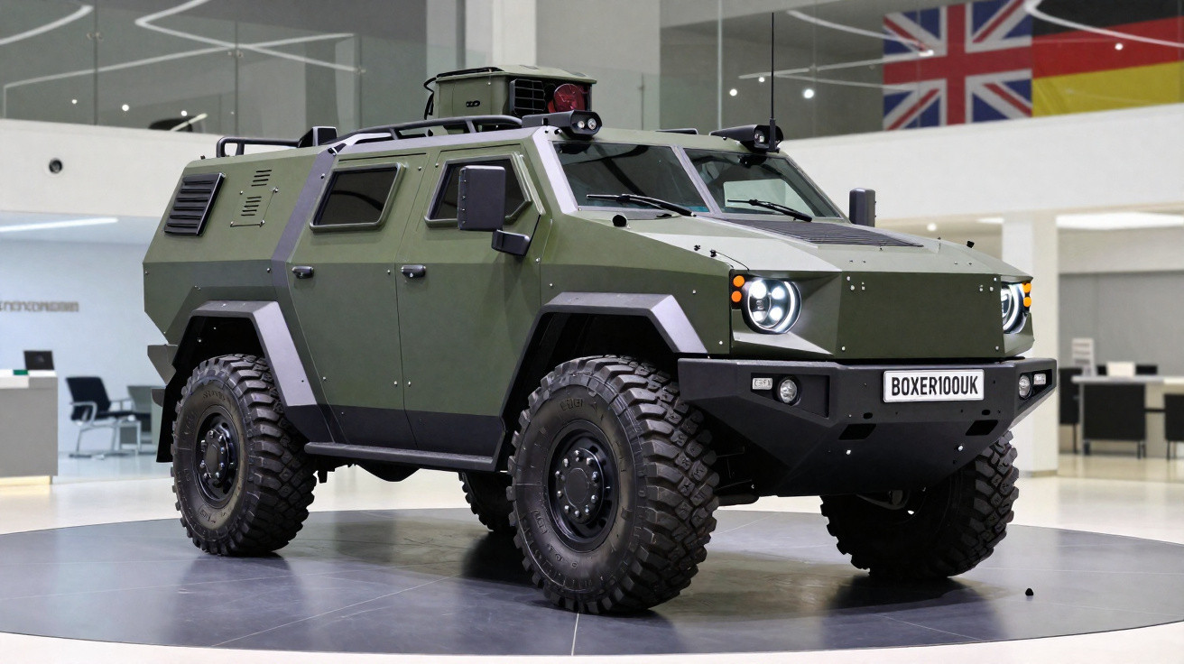 Veículo militar blindado verde com quatro portas e faróis acesos em exposição interior.