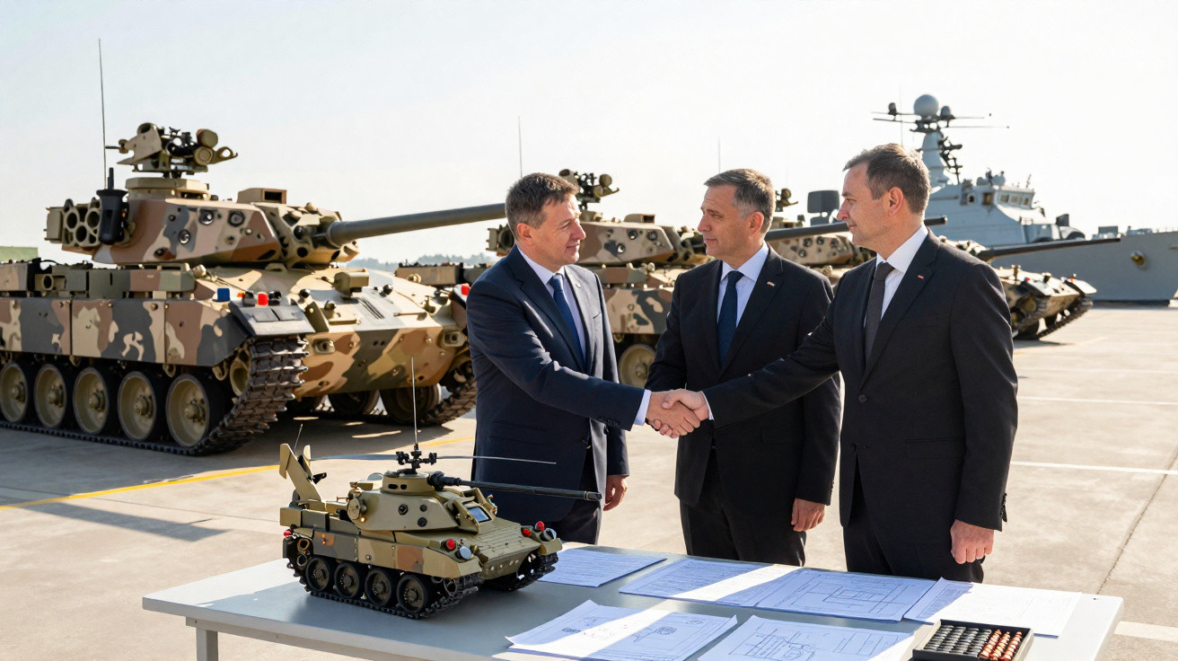 Três homens de fato apertam as mãos junto a tanques militares e maquete durante cerimónia ao ar livre.