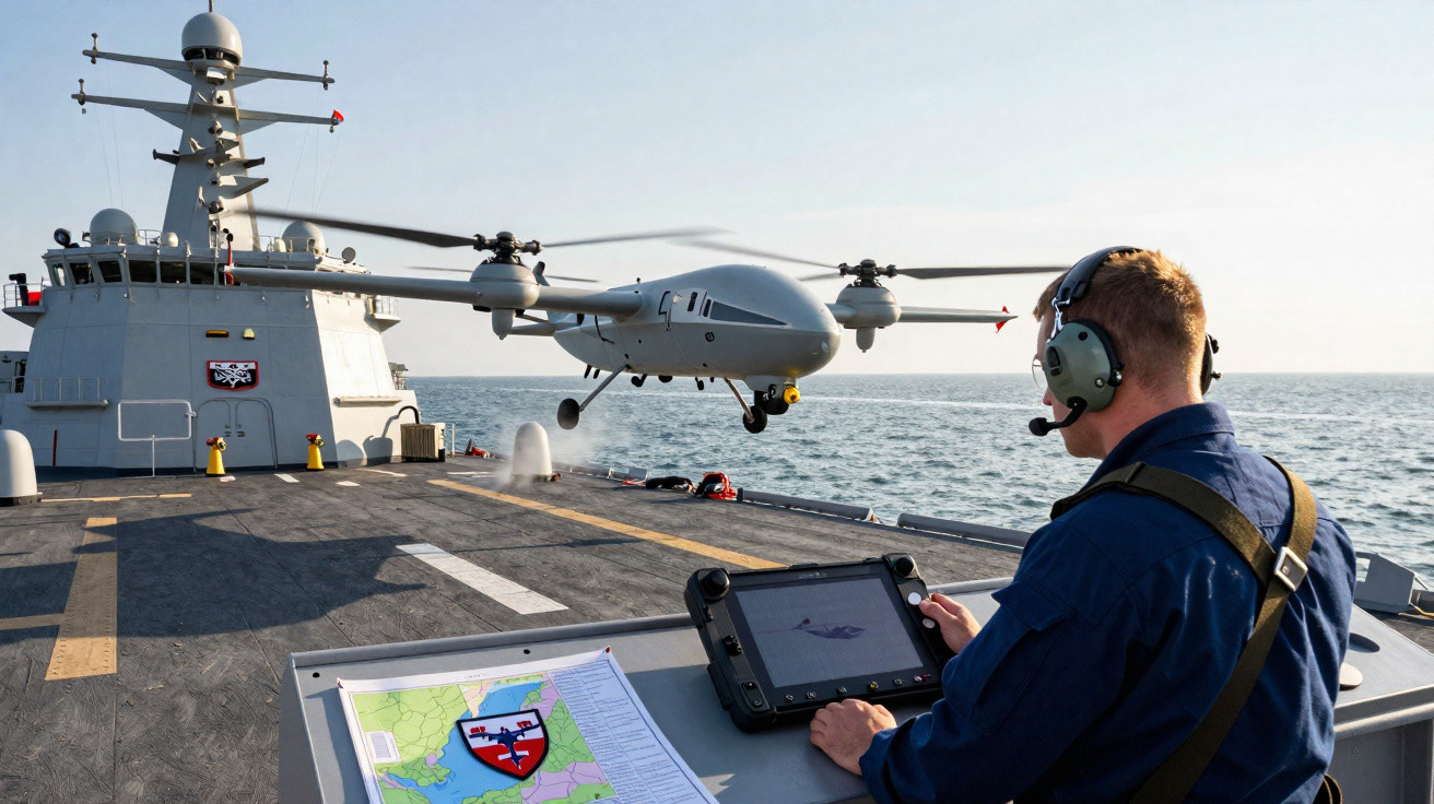 Militar controla drone cinzento decolando do convés de um navio num mar calmo.