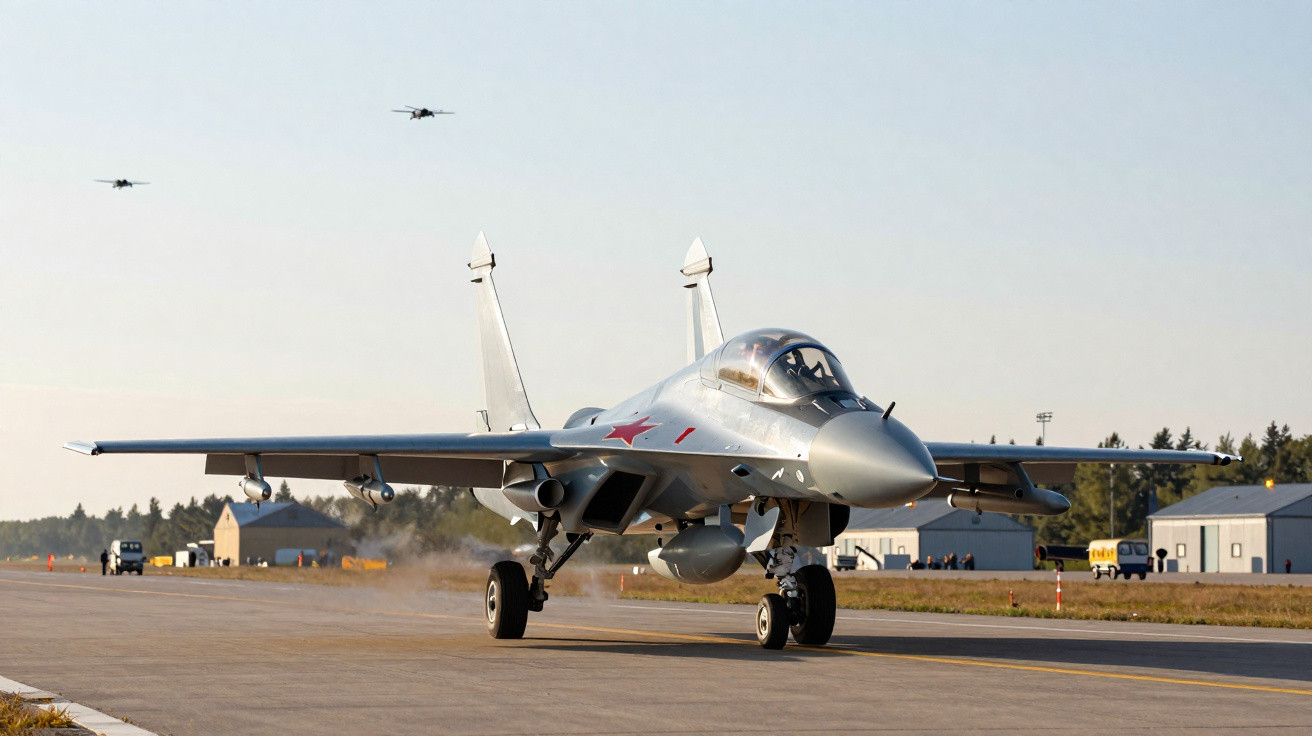 Caça militar cinzento numa pista de aterragem com três aviões a voar ao fundo.