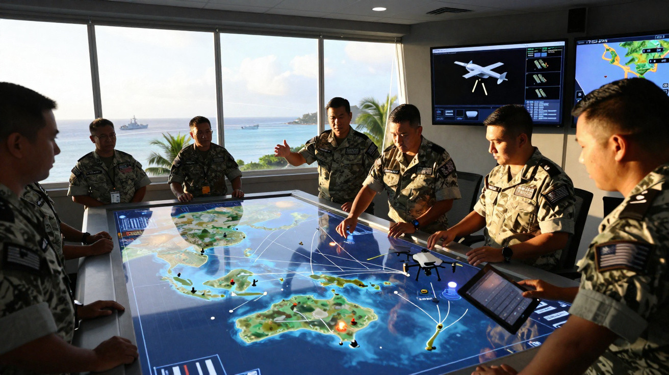 Militares em uniformes militares rodeiam mesa digital interativa com mapa de ilhas, em sala com grandes janelas e ecrãs.