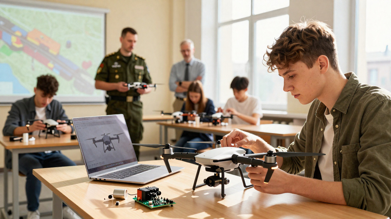 Jovens numa aula prática a montar drones com auxílio de instrutores num ambiente escolar iluminado.