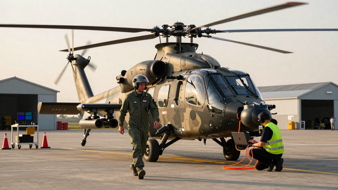 Helicóptero militar camuflado num aeroporto, com dois técnicos em preparação e manutenção.