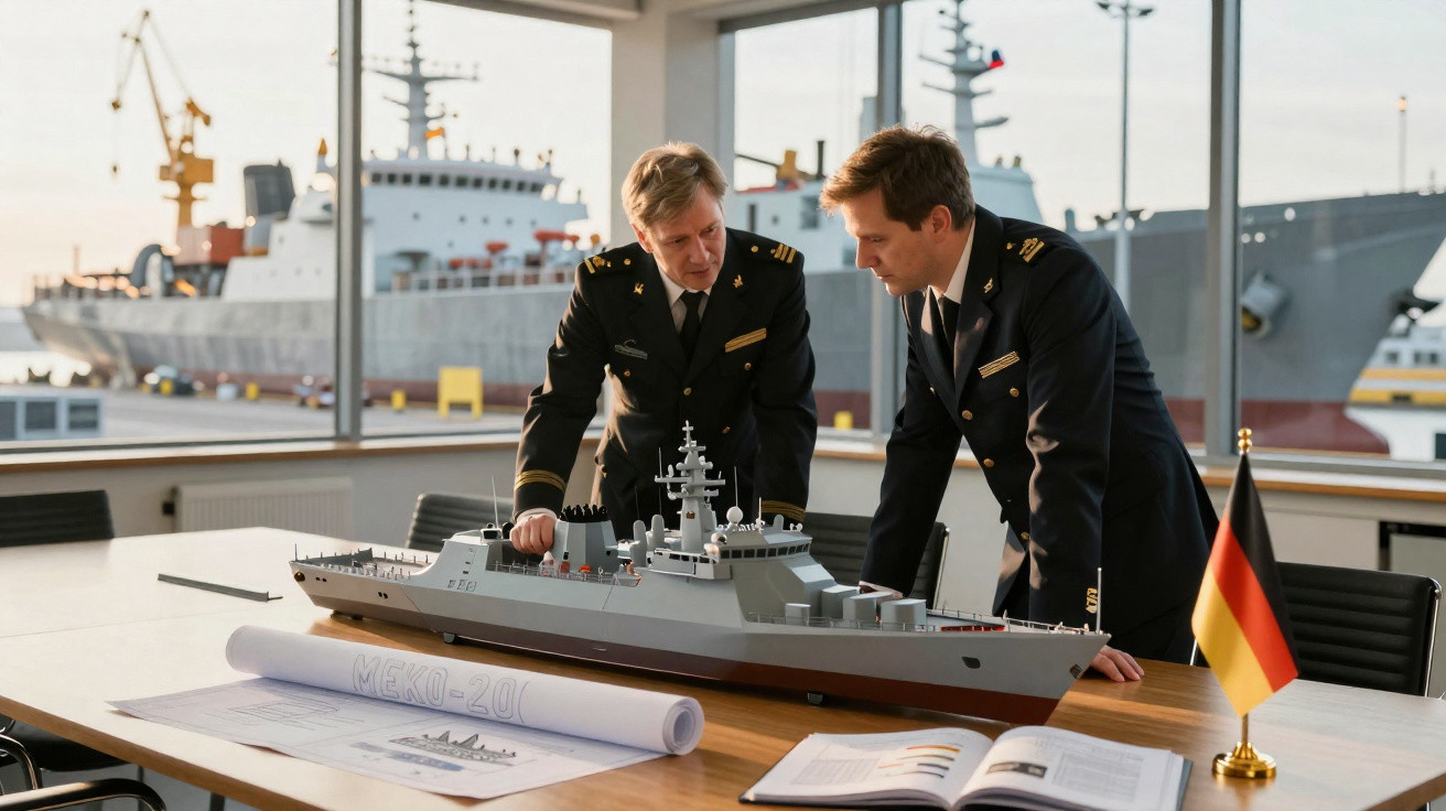 Dois oficiais da marinha alemã analisam modelo de navio de guerra numa sala com vista para o porto.