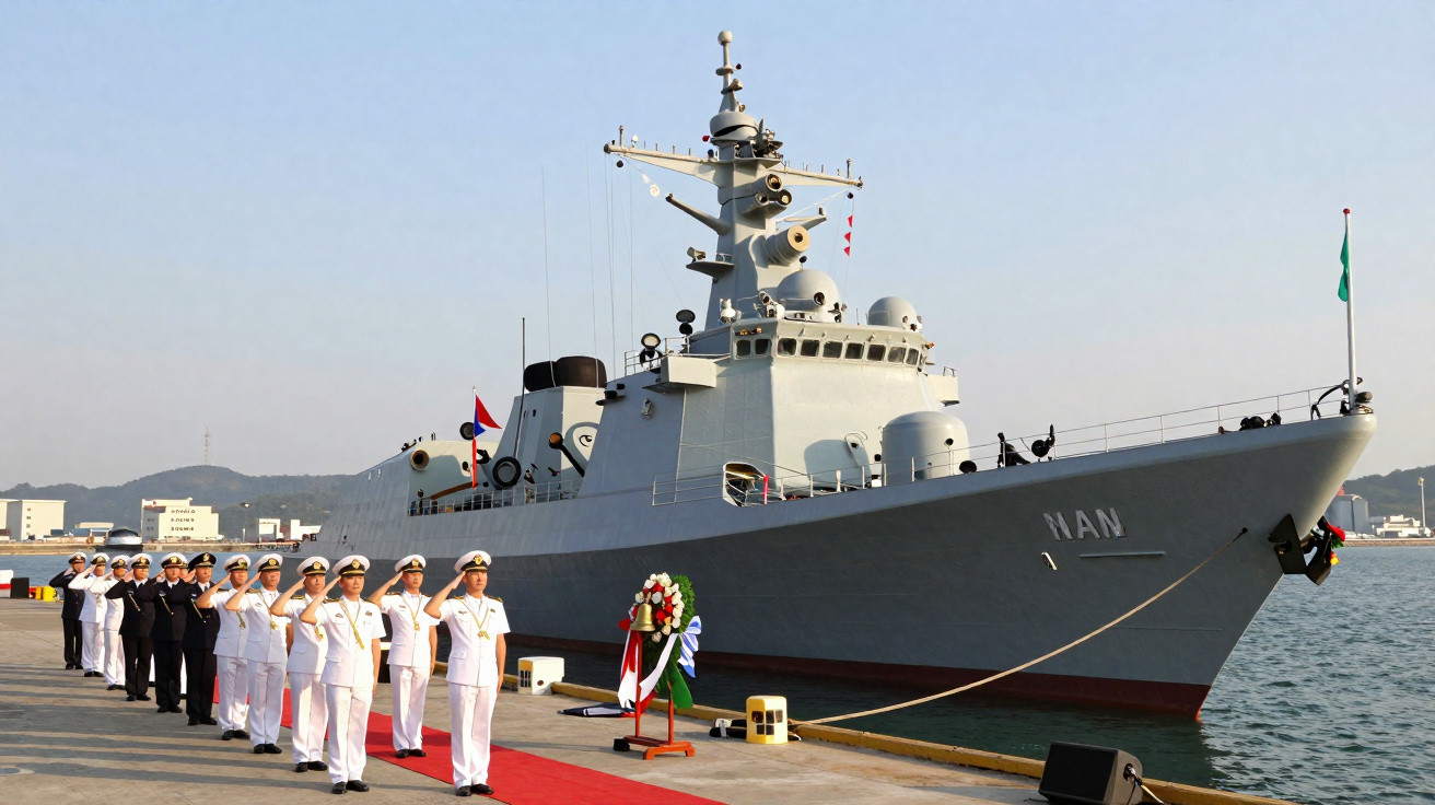 Fragata militar ancorada no porto com marinheiros em formação num tapete vermelho em frente ao navio.
