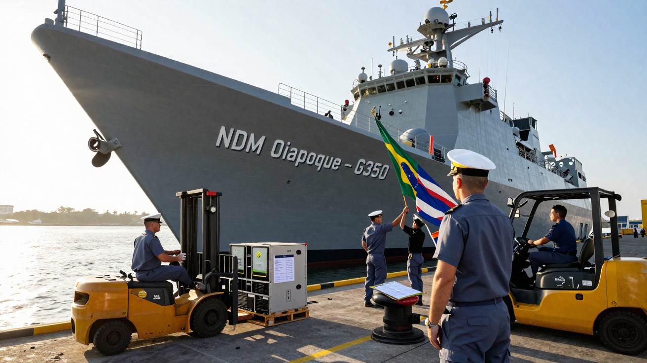 Marinheiros brasileiros içam bandeira junto ao navio de guerra NDM Oiapoque G350 no cais ao pôr do sol.