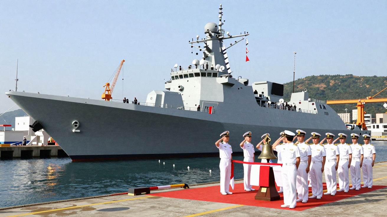 Marinha em uniforme branco presta continência ao lado de grande navio militar cinzento atracado no porto.