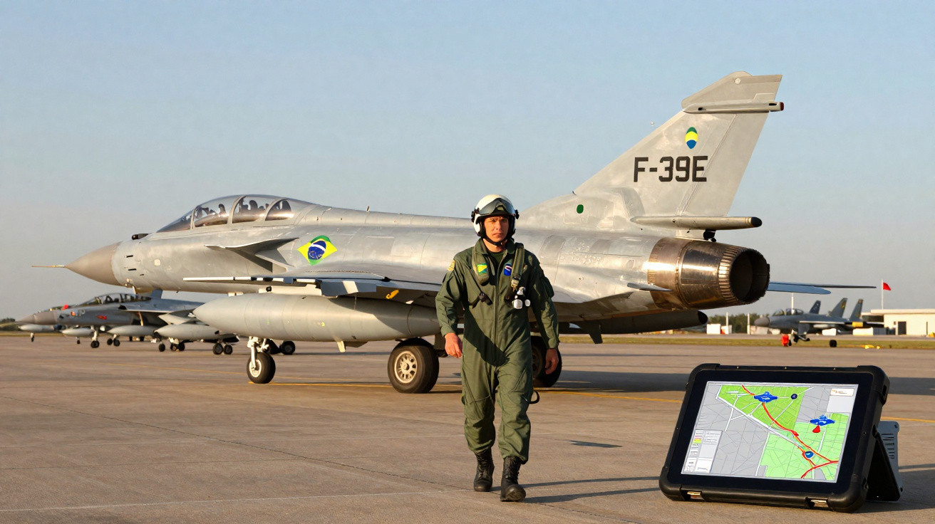Avião militar F-39E da Força Aérea Brasileira com piloto a caminhar na pista e ecrã com mapa no chão.