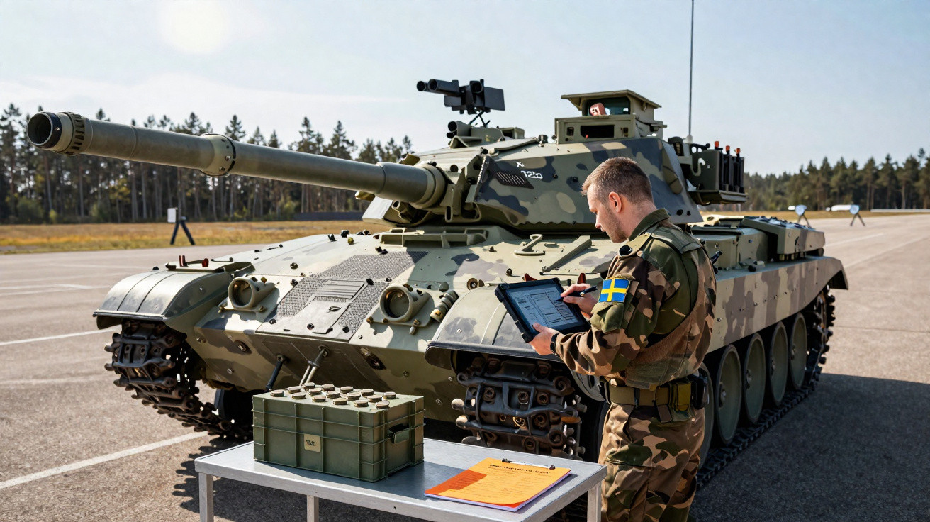 Soldado com uniforme camuflado ao lado de tanque militar em frente a mesa com caixas e documentos ao ar livre.