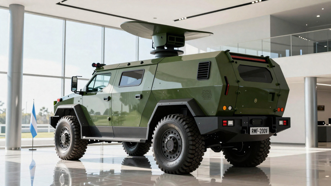 Veículo militar blindado verde com antena giratória exposto num salão moderno e iluminado.