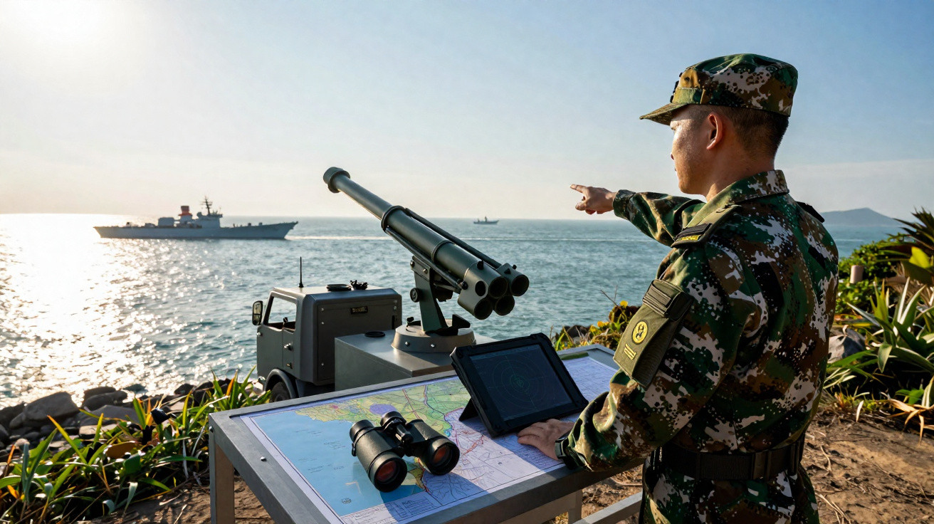 Soldado em farda camuflada aponta para um navio naval à distância, com binóculos e mapas numa mesa junto ao mar.