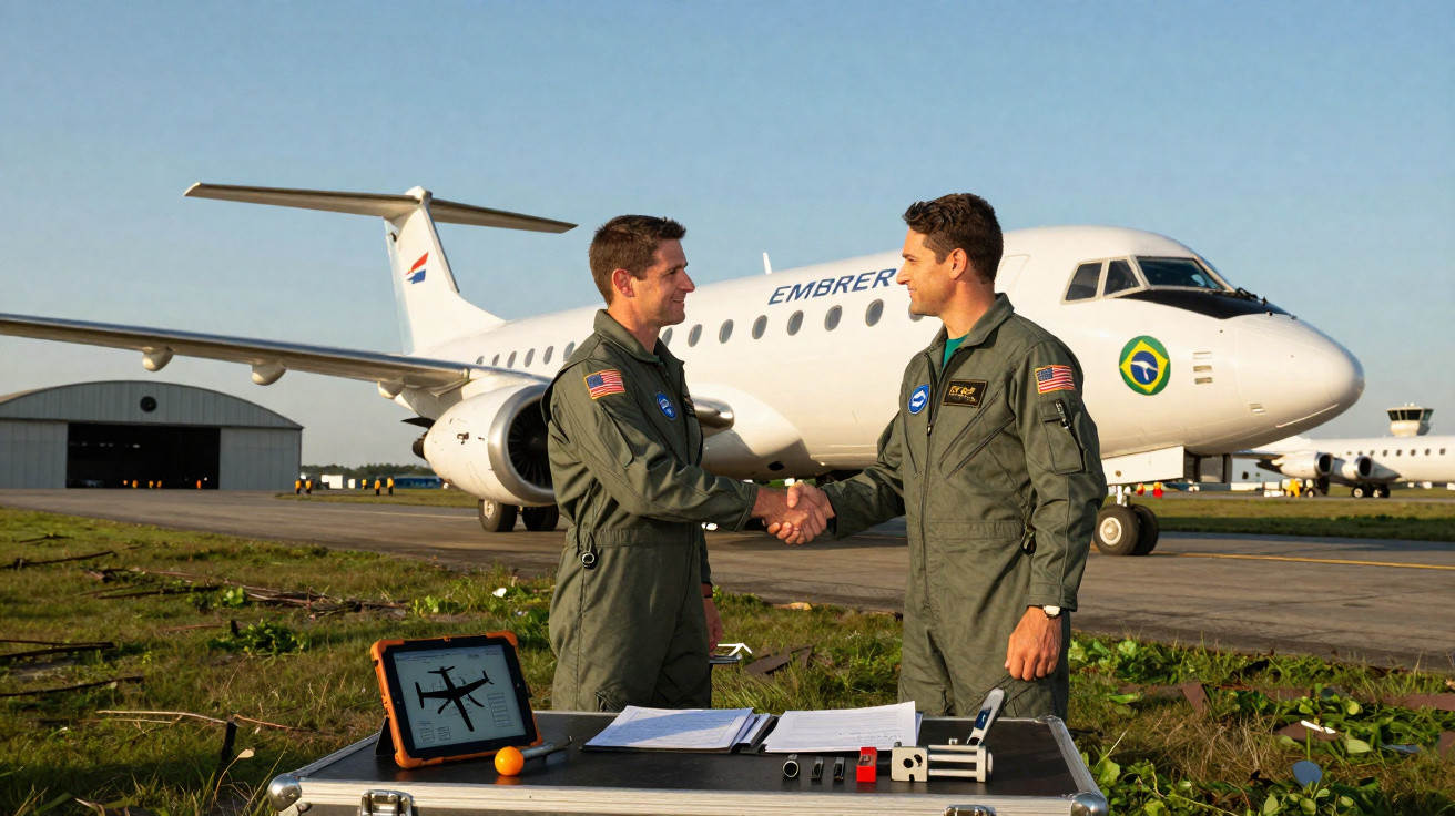 Dois homens em fatos de piloto cumprimentam-se à frente de uma aeronave Embraer branca numa pista de aeroporto.