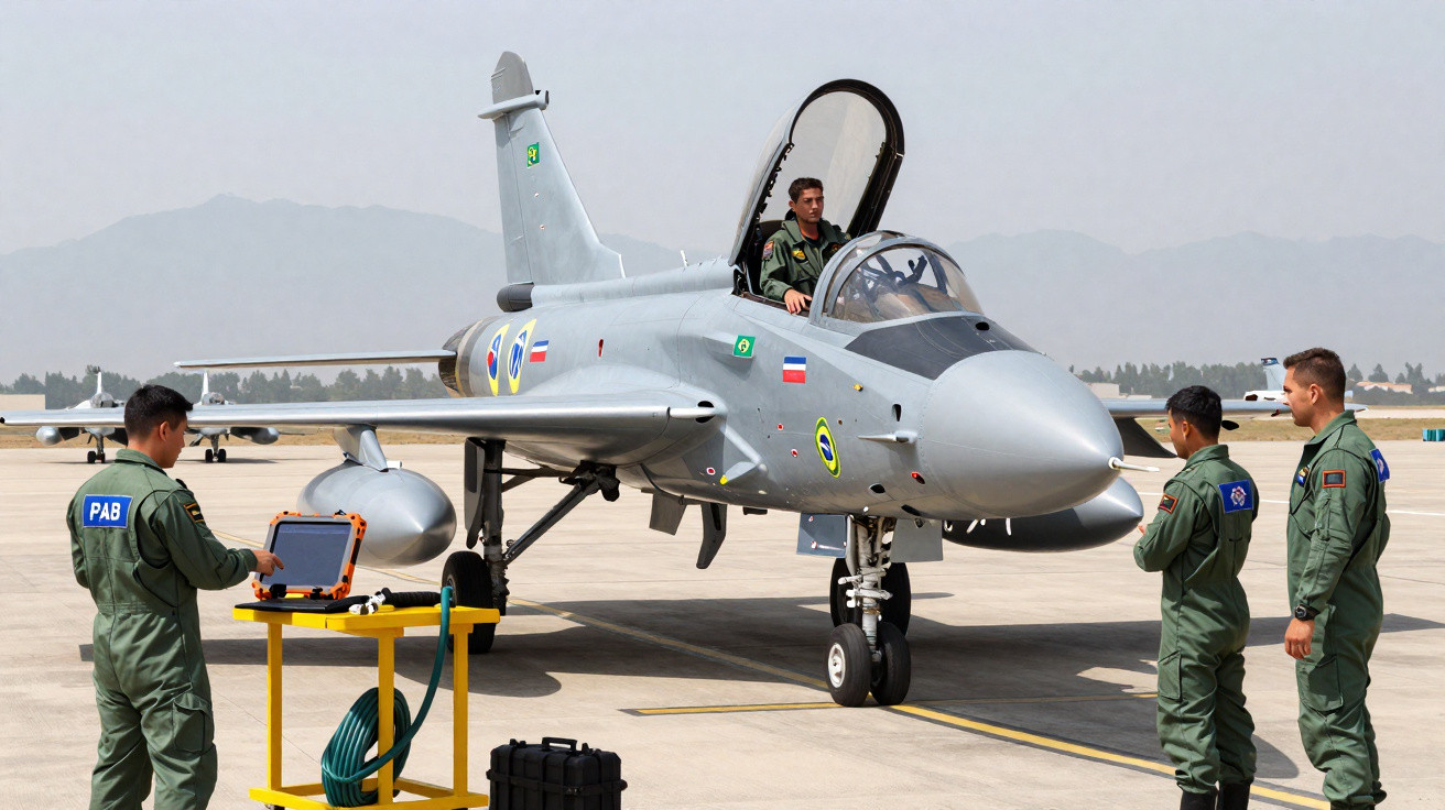 Caça militar estacionado com piloto na cabine e três técnicos militares ao redor num aeroporto.