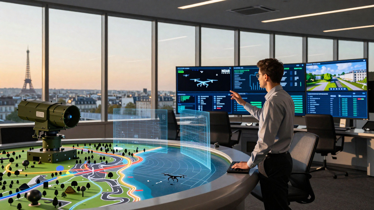 Homem numa sala de controlo com mapas digitais e monitores, Torre Eiffel ao fundo ao pôr do sol.