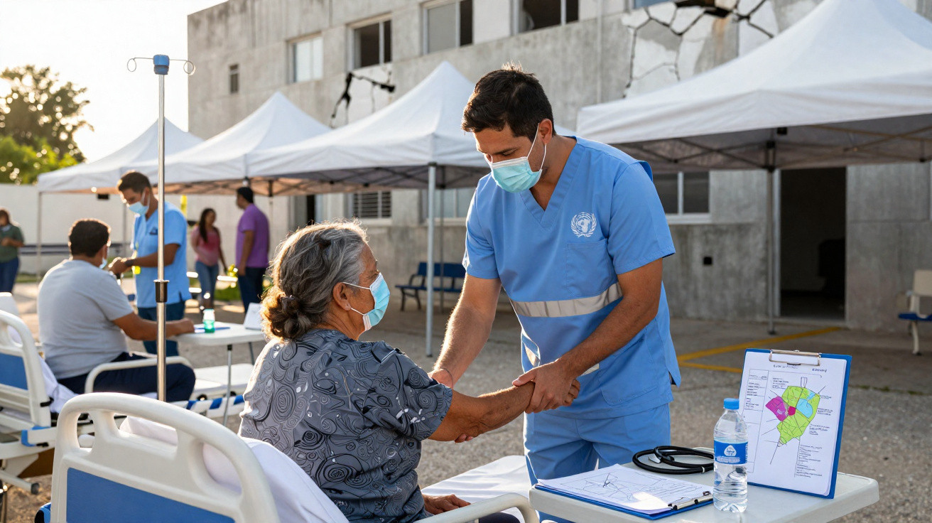 Profissional de saúde em atendimento a idosa em hospital de campanha ao ar livre, ambos com máscara.