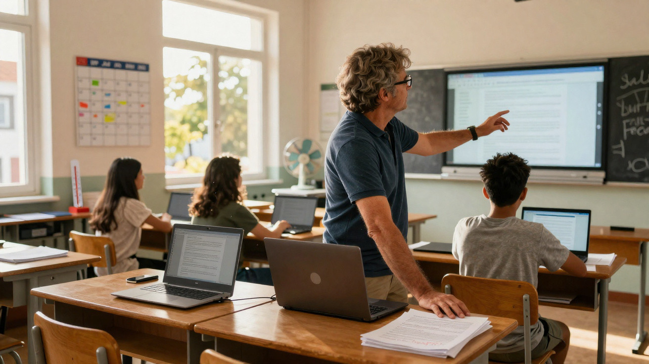 Professor explica conteúdo digital num quadro interativo enquanto alunos usam computadores numa sala de aula.