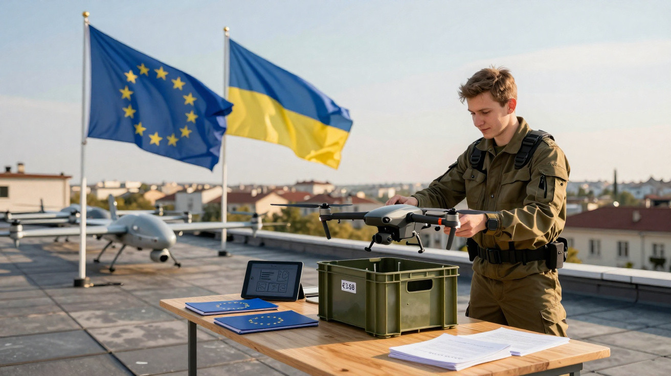 Soldado junto a drone sobre mesa no terraço com bandeiras da União Europeia e Ucrânia ao fundo.