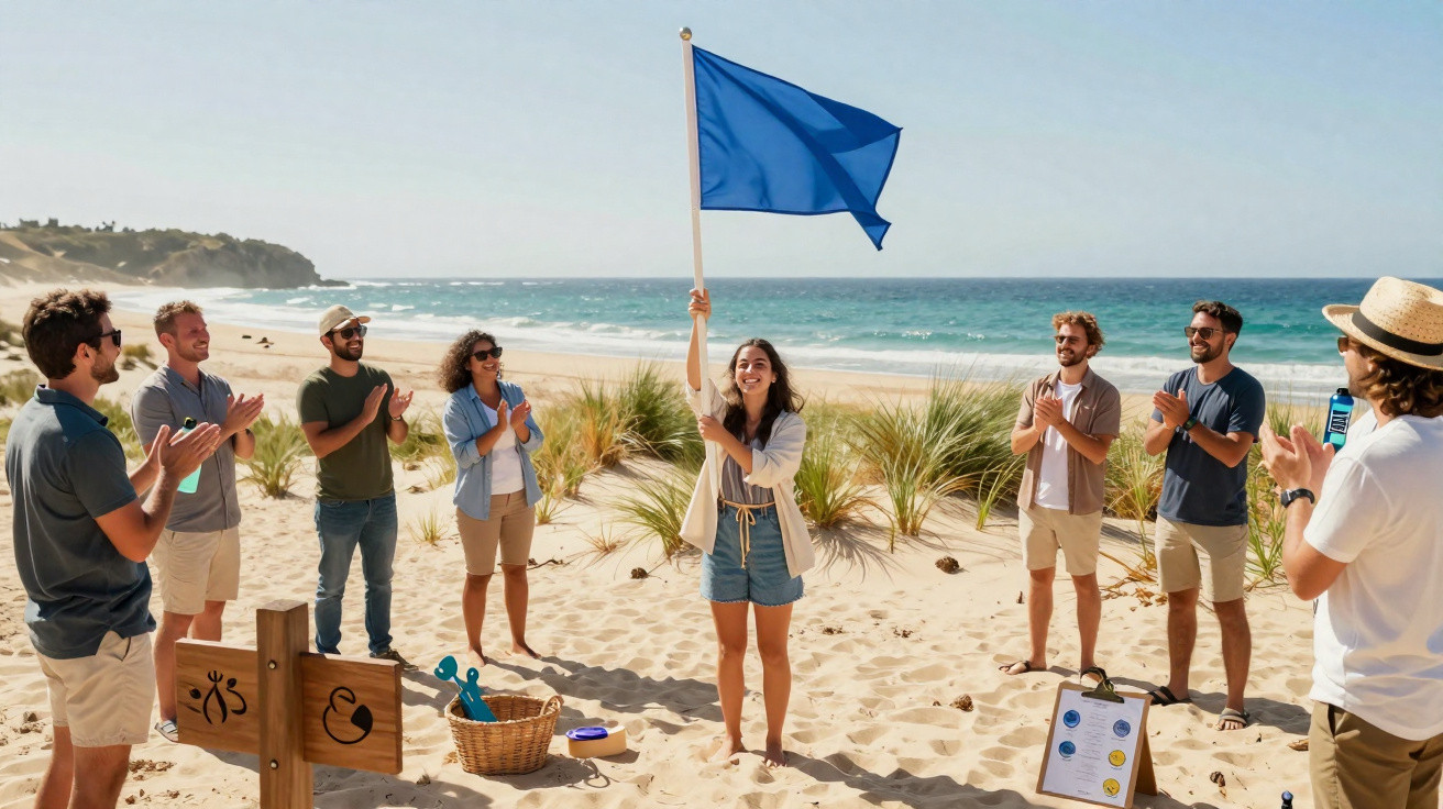 Grupo de pessoas numa praia a aplaudir enquanto uma mulher levanta uma bandeira azul.